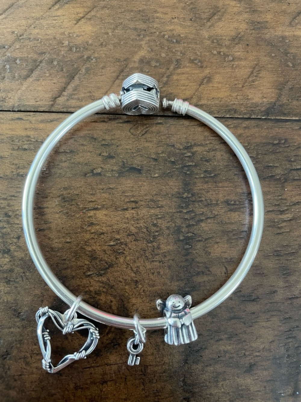 Silver Tone Heart & Angel Charm Bangle Bracelet